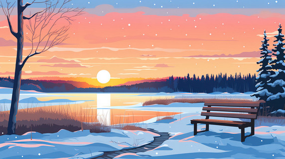 潮国创意日落时在湖边有一张长椅10冬天冬季夕阳长椅风景
