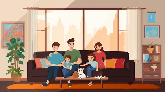 潮国创意客厅沙发亲子欢聚时光插画11看电视家庭