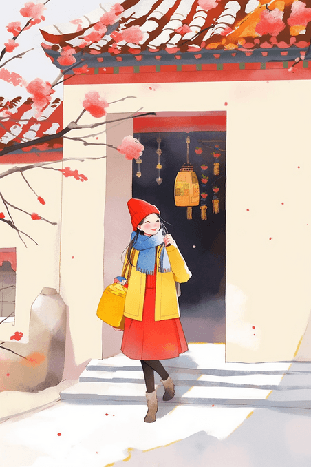 创意新年可爱女孩手绘插画庭院梅花春节中国风出门卡通