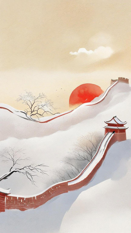潮国创意冬天长城雪景插画古风中国风意境