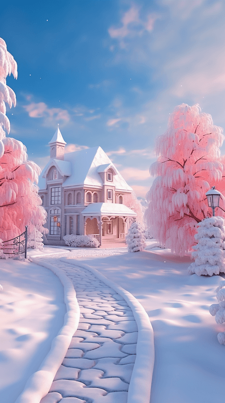 创意冬天户外唯美粉色雾松白雪雪屋美景插画雪景雪地