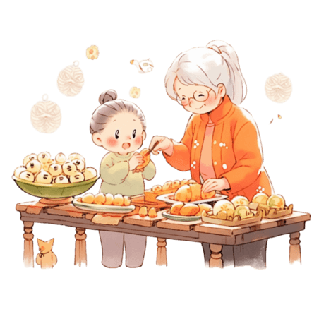潮国创意卡通新年元素奶奶和孩子做糕点手绘春节包饺子