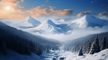 潮国创意辽阔壮丽的雪山美景冬天冬季高山