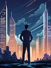 蓝色创意商人站在现代大城市中1插图扁平剪影插画老板商务人士