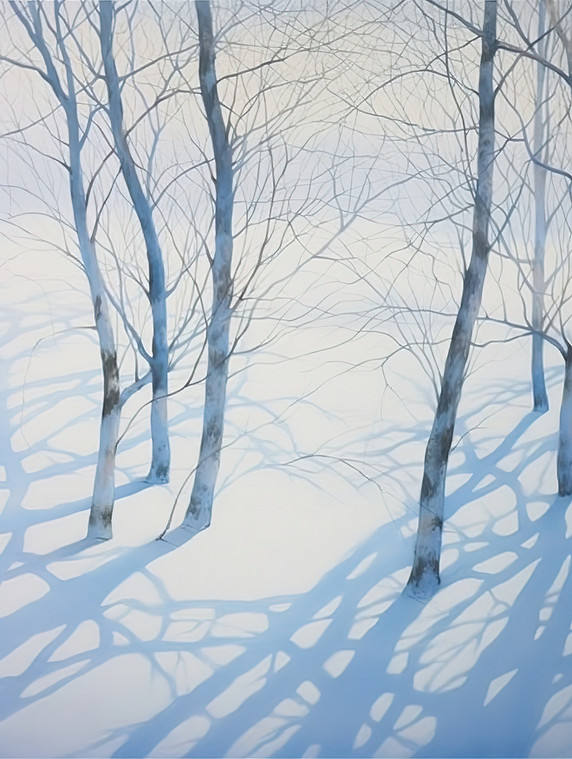 潮国创意冬天的树画抽象风景与阴影2冬天冬季雪景