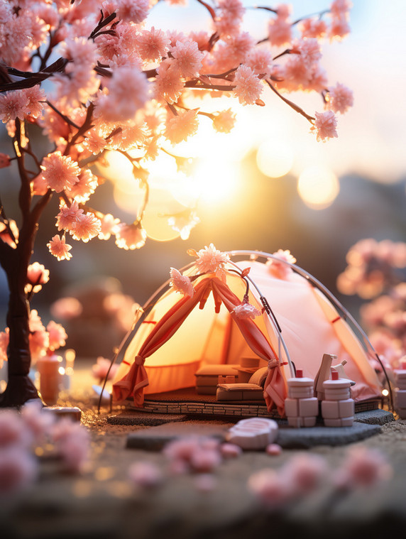 潮国创意樱花树下的帐篷露营19春天