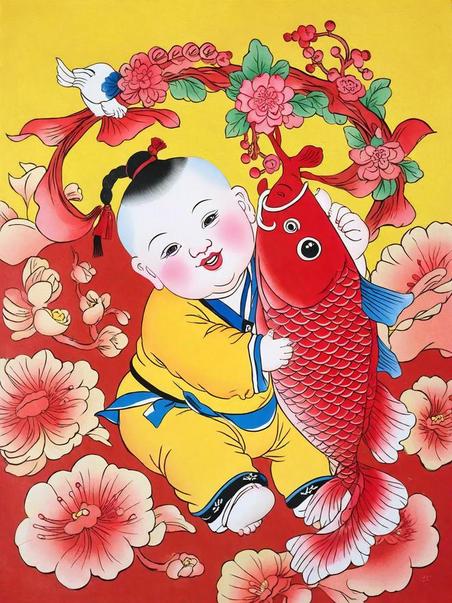 创意传统新年民俗年画红鲤鱼和胖娃娃插画素材春节福娃