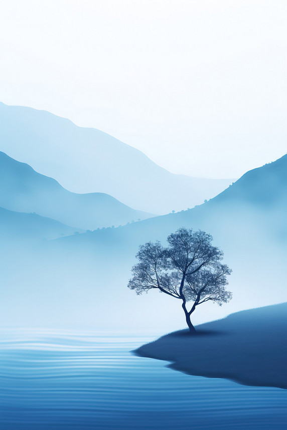 潮国创意浅蓝色雾蒙蒙孤独的树2梦幻植物意境抽象大雾
