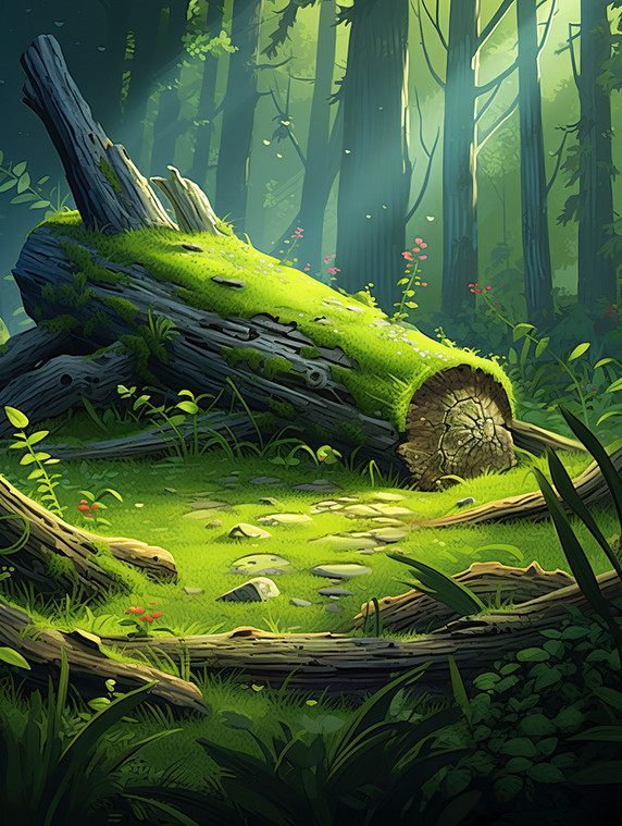 创意绿色神秘森林苔藓10图片春天枯木树林