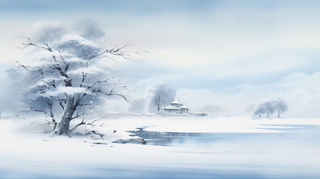 潮国创意宁静的冬季景象水彩画7中国风意境山水冬天雪景