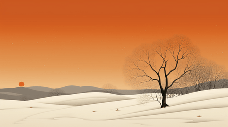 创意冬季天野雪地枯树插画13简约抽象扁平冬天