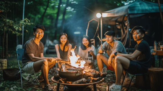潮国创意一群亚洲朋友在家庭花园的晚餐时间露营和烧烤