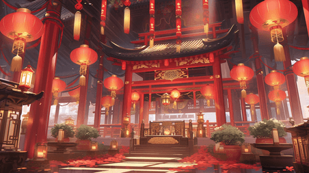 创意红色中国风门窗风景造型插画12国潮游戏室内春节场景