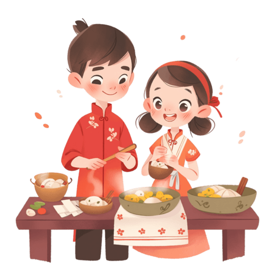 潮国创意手绘新年情侣做糕点卡通元素春节做饭包饺子