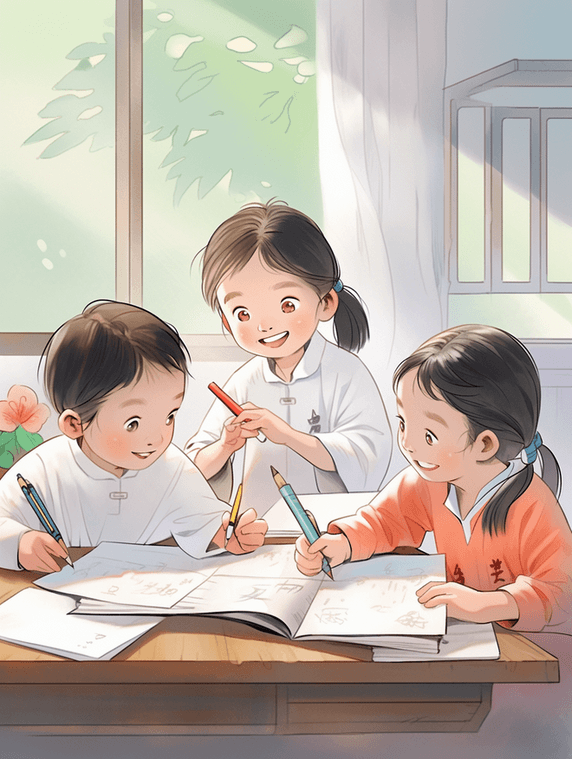 创意小学课本教材风格插画小孩在教室学习教育培训学习儿童