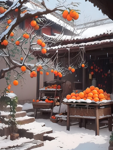 潮国创意庭院雪后柿子树二十四节气7冬天柿子中国风