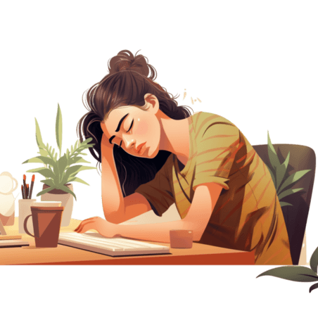 创意工作时睡在办公桌前的疲倦女孩熬夜工作人物压力大