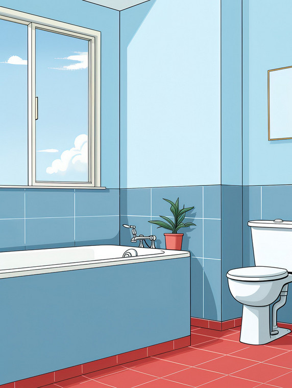 创意极简浴室牛仔蓝色2蓝色卫浴卡通扁平场景
