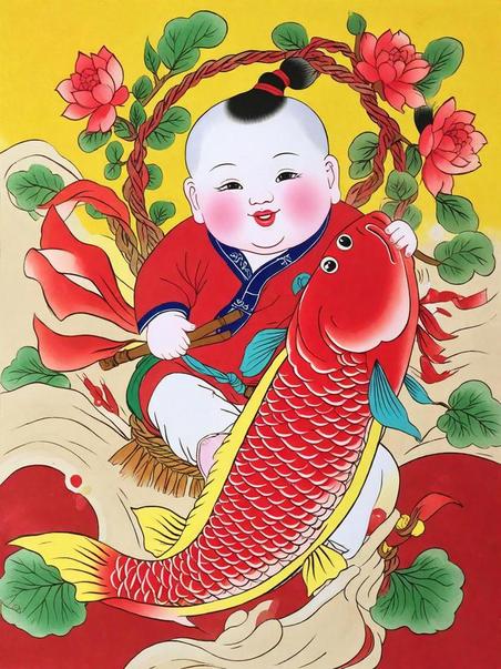 创意传统新年民俗年画红鲤鱼和胖娃娃矢量插画春节福娃