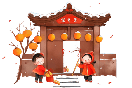 潮国创意手绘新年门庭灯笼孩子卡通元素春节打扫拜年