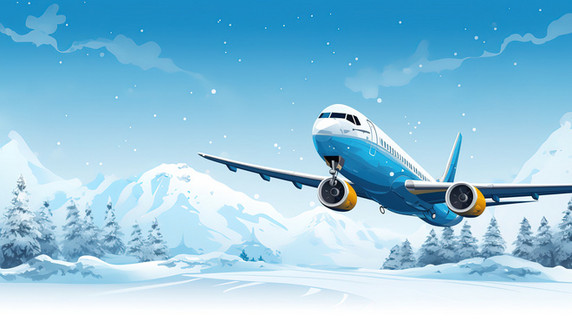 创意冬天雪地背景的飞机2原创插画交通工具卡通航行