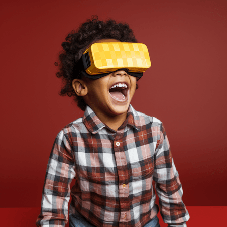 潮国创意穿着格子衬衫的微笑孩子戴着VR眼镜摆姿势