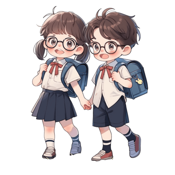 潮国创意可爱的男孩女孩开学季卡通手绘元素