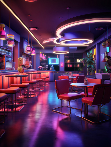 潮国创意霓虹灯下的现代复古风格咖啡馆2赛博朋克酒吧