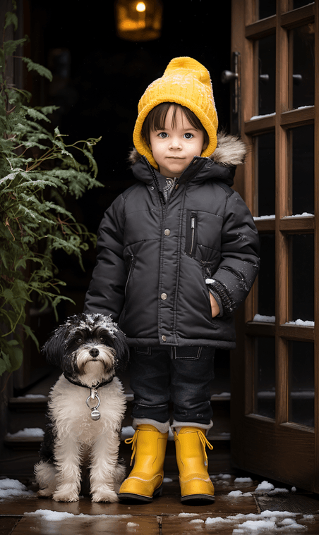 冬季雪天小男孩和狗狗下雨雨天动物欧美人像儿童