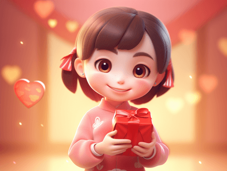 潮国创意春节可爱的小女孩拿着红包3D礼物送礼拜年