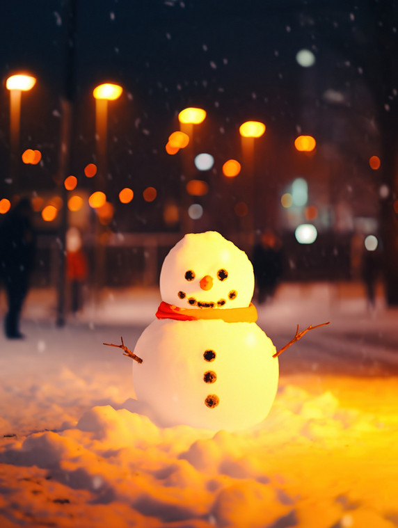 创意夜晚温暖一个雪人冬天冬季堆雪人
