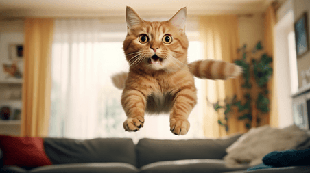 潮国创意一只猫在客厅里跳起来动物宠物橘猫