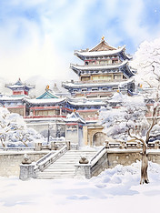 创意冬季中国建筑淡水彩画4图片雪地插画冬天故宫