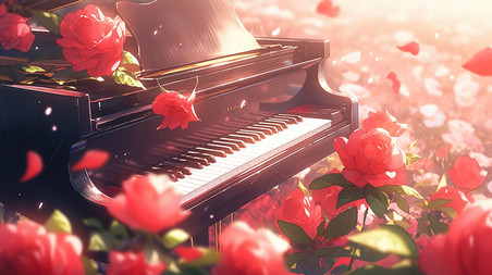 创意玫瑰花海中的钢琴9浪漫唯美音乐乐器