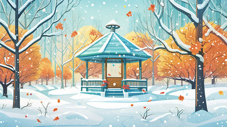 潮国创意冬天大雪中的公园凉亭1冬季雪景树林