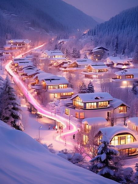 潮国创意冬季雪景小镇夜色13冬天雪乡旅游度假
