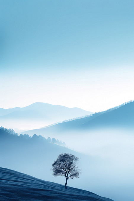 潮国创意浅蓝色雾蒙蒙孤独的树16大雾意境抽象植物风景清冷感冬天