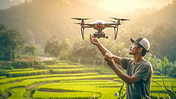 现代化农业农民驾驶无人机在农田上方的水稻梯田背景
