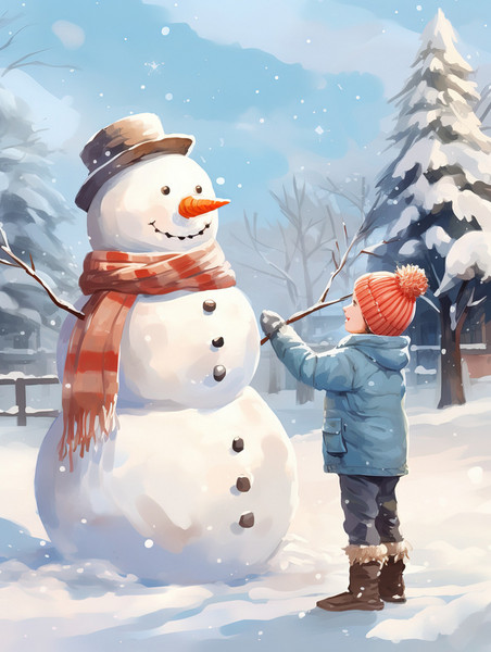 潮国创意院子里的雪人和小男孩9冬天堆雪人