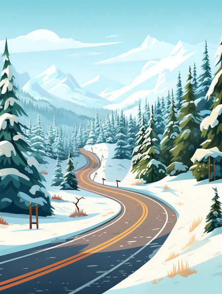 创意冬天森林里的山路2插画海报美式漫画风雪景雪地