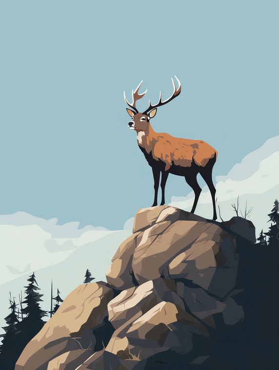 创意一只鹿的剪影插画17美式漫画风扁平动物