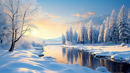 创意冬天阳光与湖过的树10冬天冬季雪地雪景