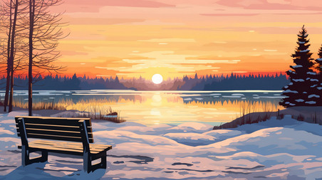 潮国创意日落时在湖边有一张长椅4冬天冬季夕阳长椅风景