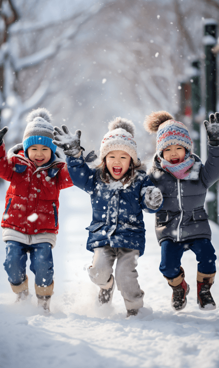 创意雪地上玩雪的儿童亚洲人像冬天打雪仗