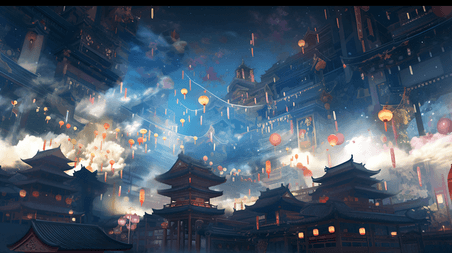 潮国创意古风中国风大型游戏城市建筑国潮元宵节场景