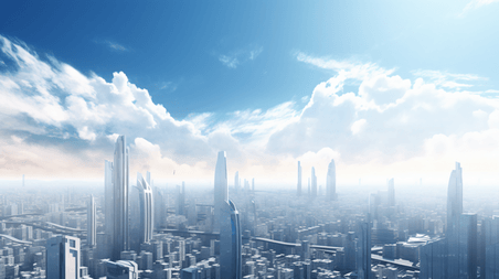 潮国创意3D渲染蓝天与未来之城科技城市俯瞰