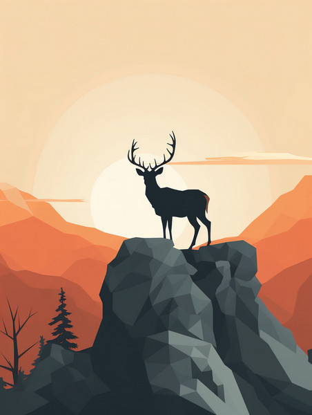 创意一只鹿的剪影插画4美式漫画风扁平动物