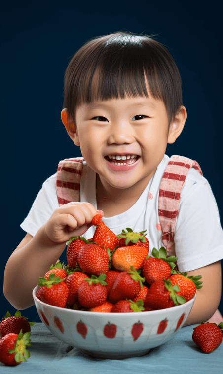 创意拿着草莓水果开心的小男孩亚洲儿童人像