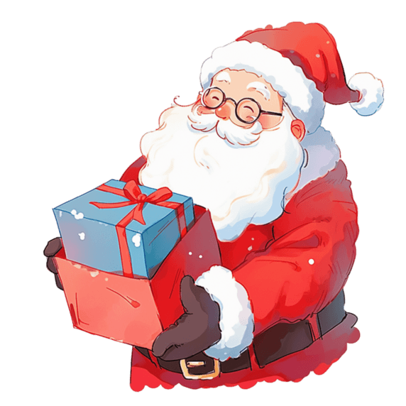 潮国创意圣诞节圣诞老人卡通拿着蓝色礼盒手绘元素