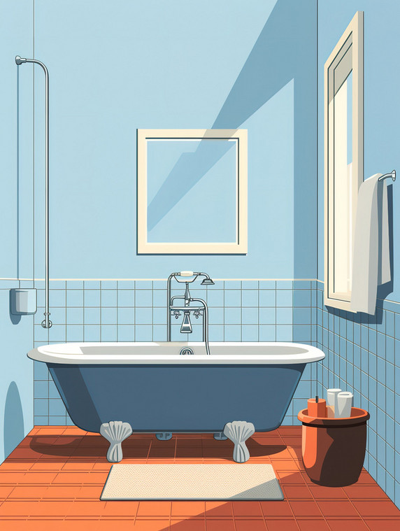 创意极简浴室牛仔蓝色扁平卫浴卡通场景